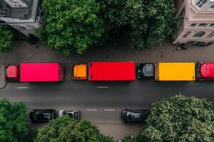 An aerial view of a street with red, yellow and green trucks photo