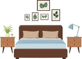 Modern bedroom interior with bed, bedside tables, blue lamp, and framed botanical wall art illustration vector