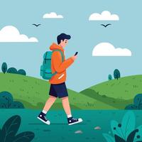 Young man walking in green nature landscape using smartphone with blue sky and clouds illustration vector