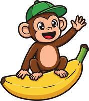 Cute cartoon monkey wearing green cap happily sitting on large yellow banana illustration vector