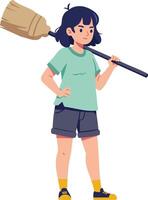 Girl holding broom standing confidently in casual clothes illustration for lifestyle and leisure activities vector