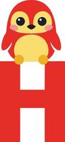 Cute red and yellow penguin sitting on large red letter H illustration for childrens alphabet learning material vector