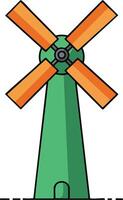 Green windmill with orange blades simple flat design illustration for landscape and architecture themes vector