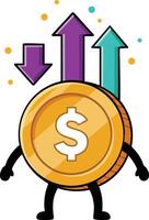 Cartoon Coin Character with Dollar Sign and Colorful Financial Arrows Illustration vector