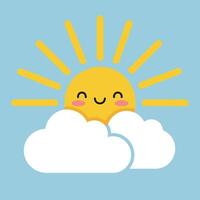 Smiling sun with yellow rays behind white clouds on blue background illustration cheerful weather icon vector
