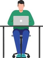 Man working on laptop at desk in casual clothing with green sweater and blue pants illustration vector