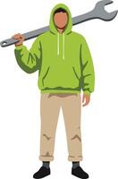 Man in green hoodie holding large wrench standing isolated illustration for mechanic or repair work theme vector