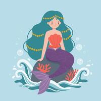Mermaid with purple tail sitting on rock with sea coral and bubbles in ocean water illustration vector