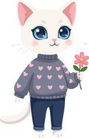 White cat character holding pink flower wearing heart sweater and jeans cute animal illustration vector