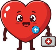 Cute red heart character holding medical kit smiling health and care illustration vector