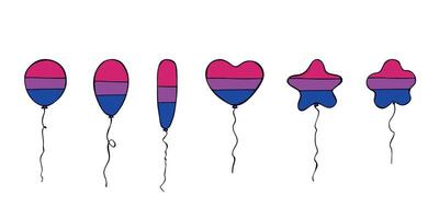 Set of colorful flying balloon Bisexual pride flag Happy pride day LGBTQIA community Pride Month hand drawn doodle for posters, stickers, logo, cards vector