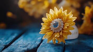 Yellow flower brooch on blue wood photo