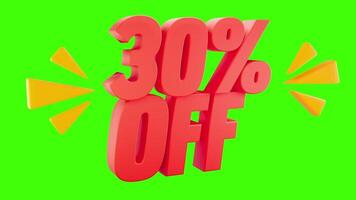 3D 30 Percent OFF Text with Green Chroma Key Background for Promotions video