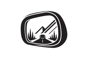 A car is reflected in a mirror with mountains in the background vector