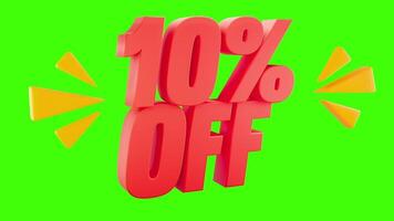 3D 10 Percent OFF Text with Green Chroma Key Background for Promotions video
