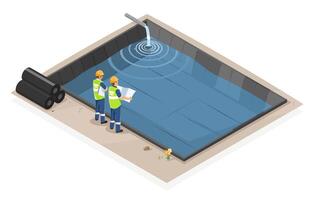 Workers assessing a water pool construction site vector
