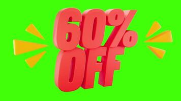 3D 60 Percent OFF Text with Green Chroma Key Background for Promotions video