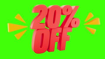 3D 20 Percent OFF Text with Green Chroma Key Background for Promotions video