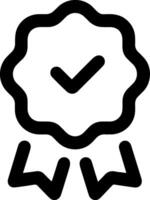 Black achievement icon. Checkmark inside, medal with two ribbons around it vector