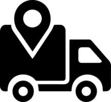 Cargo delivery. Black truck icon with geolocation point on body vector