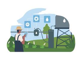 Farmer monitoring irrigation with technology vector