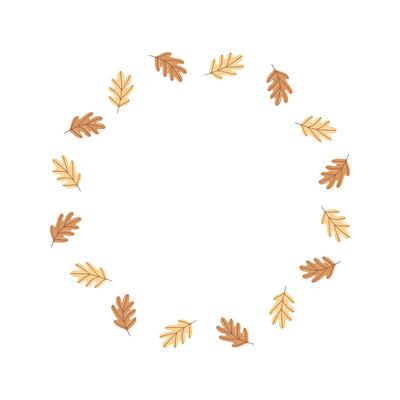 Autumn oak leaf wreath in a circular frame on white background. Perfect for seasonal cards, invitations, and decorative design. Natural, clean, and elegant layout.