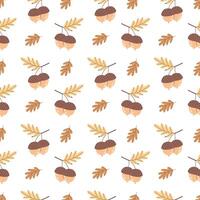 Cute seamless pattern with hand drawn acorns and oak leaves. Autumn forest design in warm earthy tones. Ideal for seasonal packaging, textiles, and wrapping paper. vector