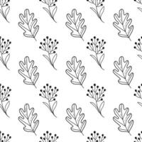 Seamless oak leaf and berry pattern in hand drawn black and white style. Perfect for coloring pages, fabric, wrapping paper, and fall design projects. Elegant and natural look. vector