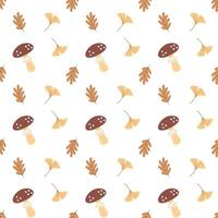 Cute seamless pattern with hand drawn mushrooms and autumn leaves. Warm fall colors and cozy forest vibe. Perfect for seasonal design, textile, and packaging. vector