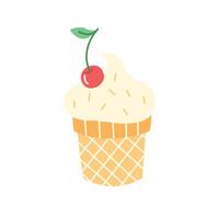Cute hand drawn ice cream cone with cherry on top. Illustration in cartoon style for summer, kids, and dessert-themed designs. vector
