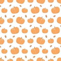 Seamless pumpkin pattern with oak leaves on white background. Perfect for autumn, Halloween, and Thanksgiving design. Bright, festive, and seasonal illustration. vector