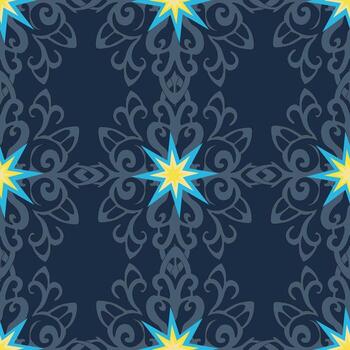 clásico damasco copo de nieve ornamento modelo en oscuro Armada antecedentes. decorado con un espumoso Navidad estrella. coordenadas con otro patrones en el festivo invierno recopilación. vector