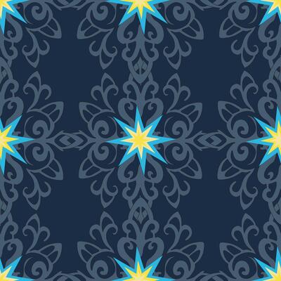 Classic damask snowflake ornament pattern on dark navy background. decorated with a sparkling Christmas star. Coordinates with other patterns in the festive winter collection.