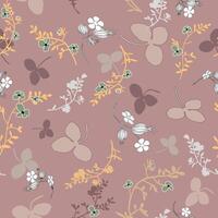 Pattern of wildflower tea collection, pastel, muted colors wildflower bouquets and scattered flowers, leaves, twigs silhouette pattern on nude pink background. vector