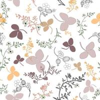 Pattern of wildflower tea collection, caramel brown, muted pink, nude, pastel green colors wildflower bouquets and scattered flowers, leaves, twigs silhouette pattern on white neutral background. vector