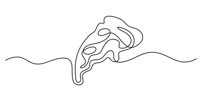 One continuous line drawing of slice of pizza with pepperoni and mushrooms, Continuous one line drawing of delicious sliced cheese pizza. Graphic illustration vector