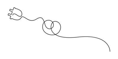 Continuous one line art plug energy power storage electric rechargeable supply, Single line drawing of plug inserting into electric outlet. Power socket energy disconnect graphic illustration vector