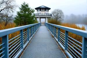 Metal walkway leading to observation tower in foggy morning photo