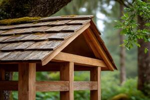 Wooden roof with shingles covering a small structure in a forest photo
