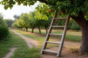Wooden ladder leaning against plum tree in orchard during harvest season. photo