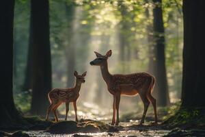 White-Tailed Deer Fawn and Doe Standing in Forest at Sunrise photo