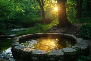 Sun shining through trees on small pond in the forest photo