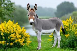 Cute donkey foal standing in a field with yellow flowers photo