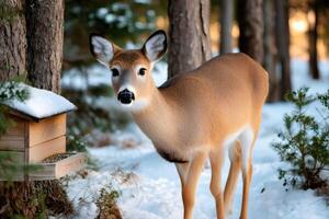 White-tailed deer standing in snowy forest near bird feeder photo