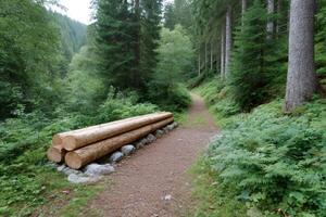 Path winding through lush forest with logs and ferns photo