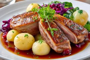 Roasted duck breast with potatoes and red cabbage lying on white plate photo