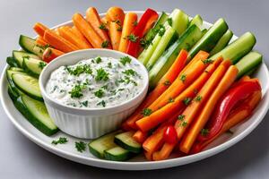 Vegetable sticks with yogurt dip garnished with parsley on white plate photo