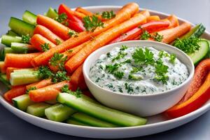 Plate with fresh vegetables and yogurt spinach dip decorated with parsley photo