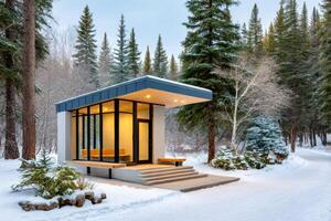 Modern wooden cabin glowing in snowy forest at dusk photo