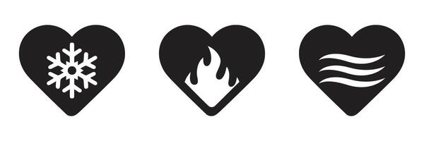 Three Black HVAC Heart Icons Snowflake, Flame, and Waves, Simple, Bold, Monochrome Graphic Design, Conceptual Illustration of Temperature Control, HVAC, or Climate Change, Modern, Minimalist Style vector